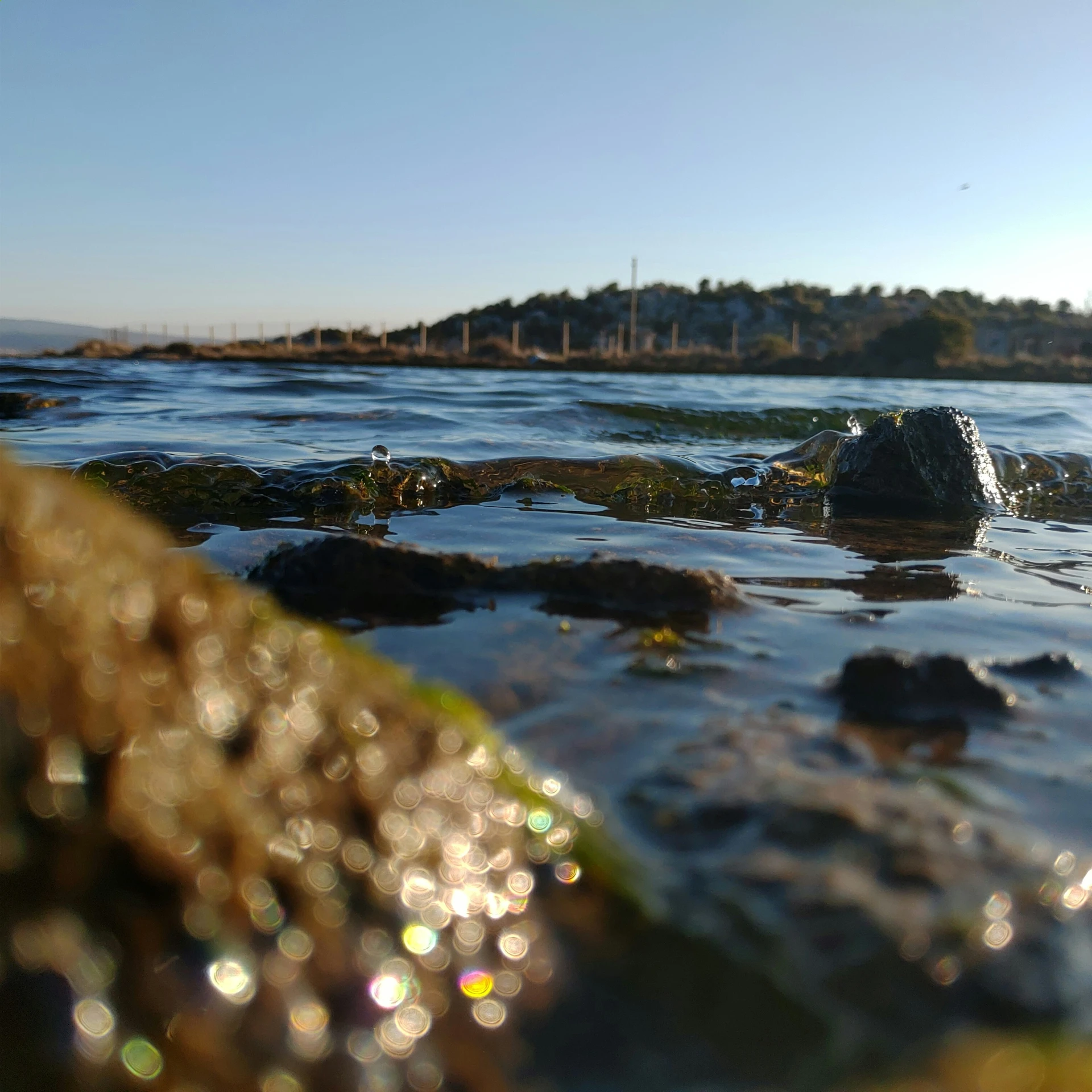 a close up view of the water with stones