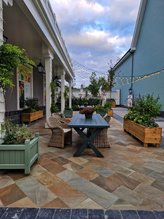 a view of a patio surrounded by potted plants