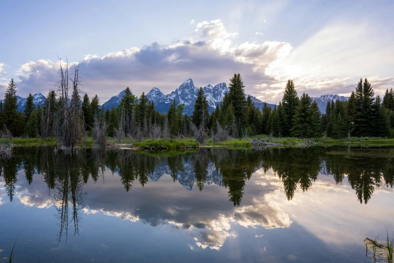 an idyllic forest lake and the mountains reflecting the sky