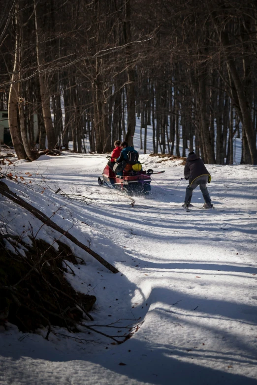 people are in a small sled pulled by a man on a snow covered slope