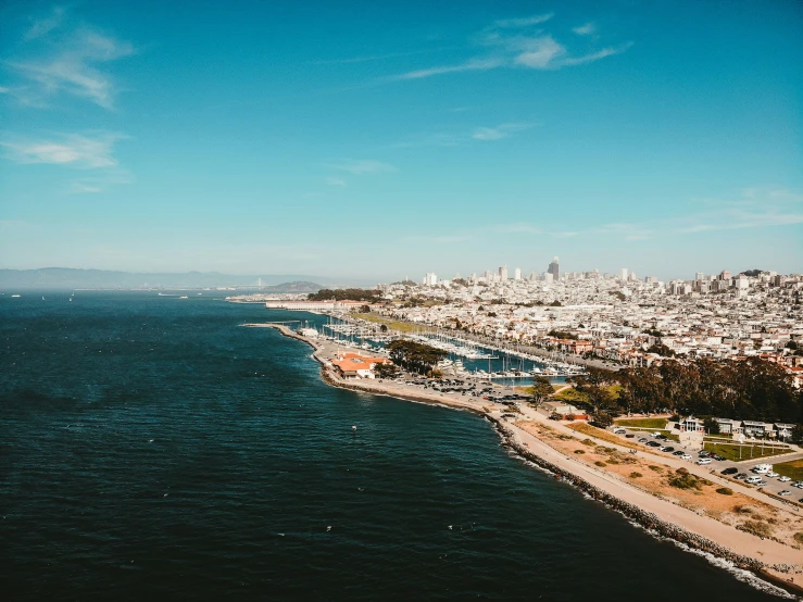 aerial view of cityscape, bay and bay side