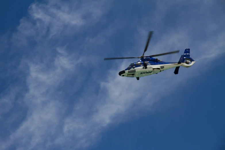 a helicopter flies by on a clear day