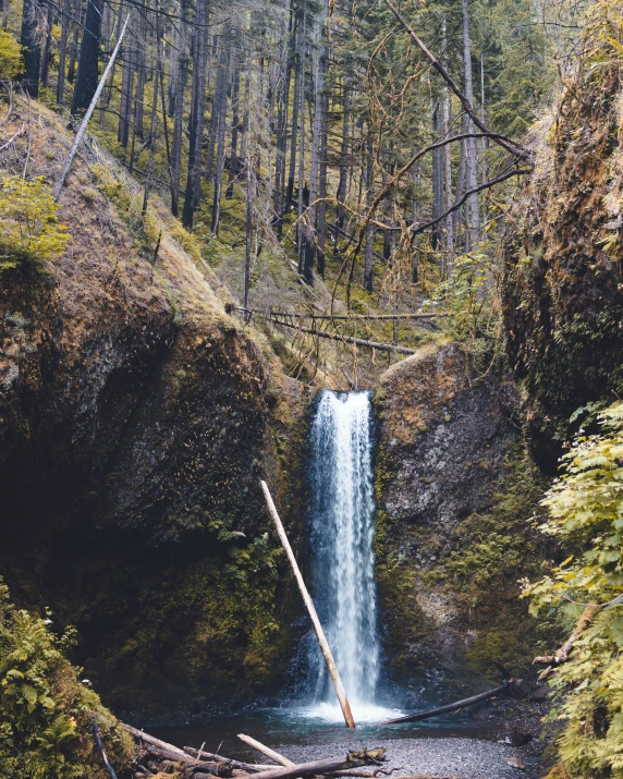 a tall waterfall that is in the woods