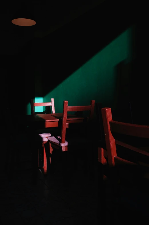 some chairs are placed in a dark room