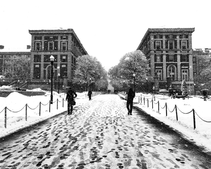 a couple walking down a walkway in the snow