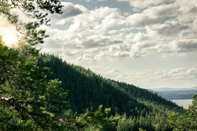 a large mountain with trees on both sides and some clouds in the sky