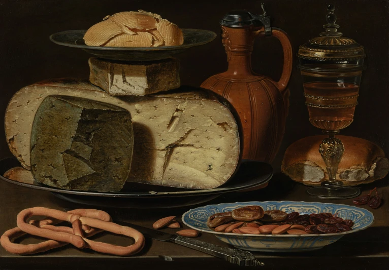 an oil painting of different breads and other foods