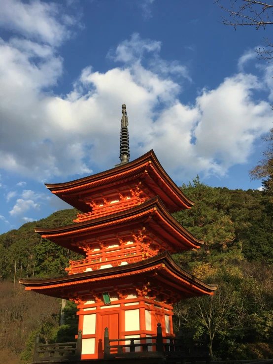 a pagoda style structure with trees and a blue sky