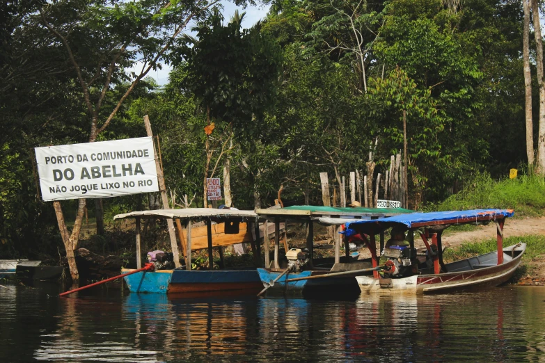 a group of boats floating on top of water near trees