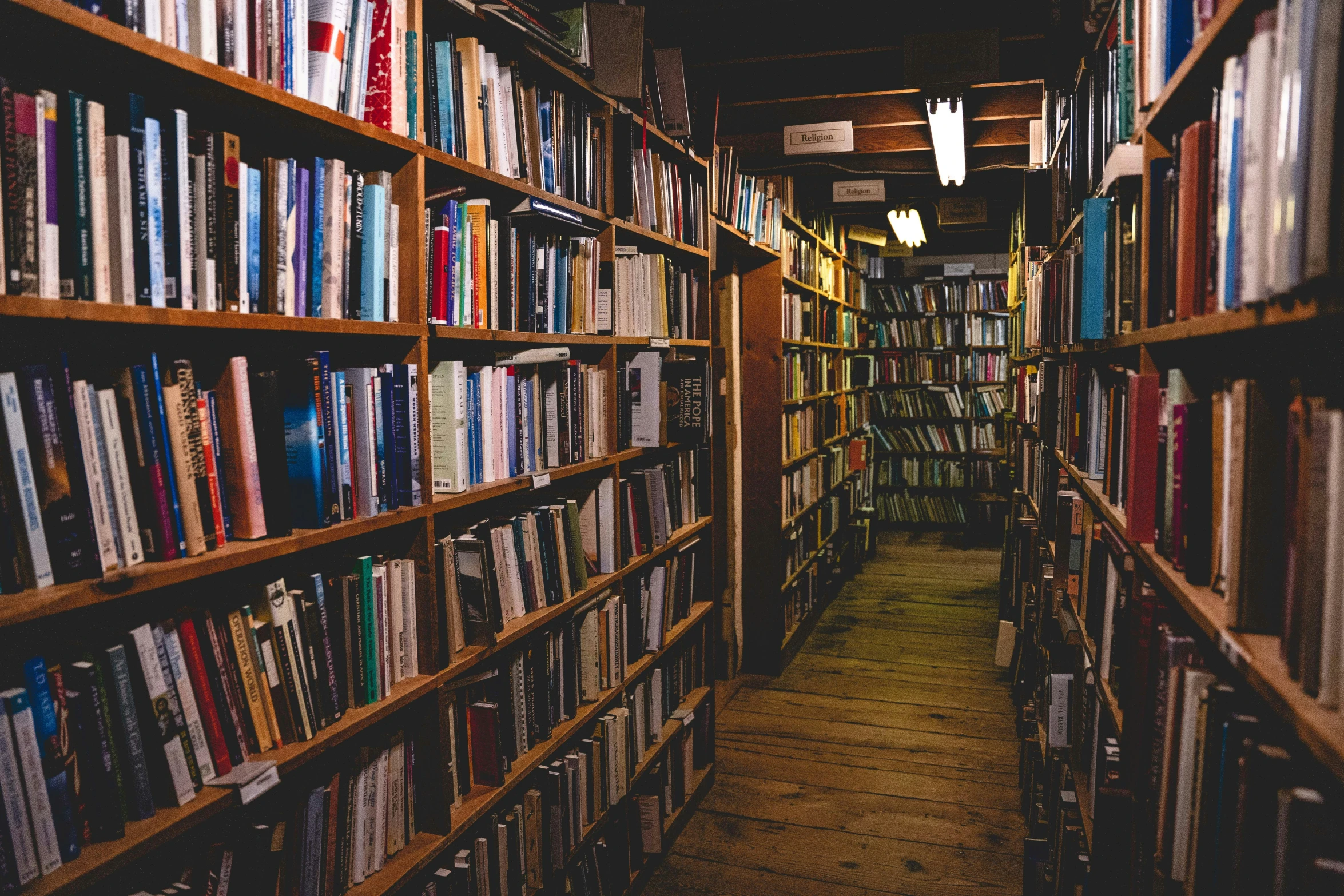 bookshelves lined up along both sides of a dark liry