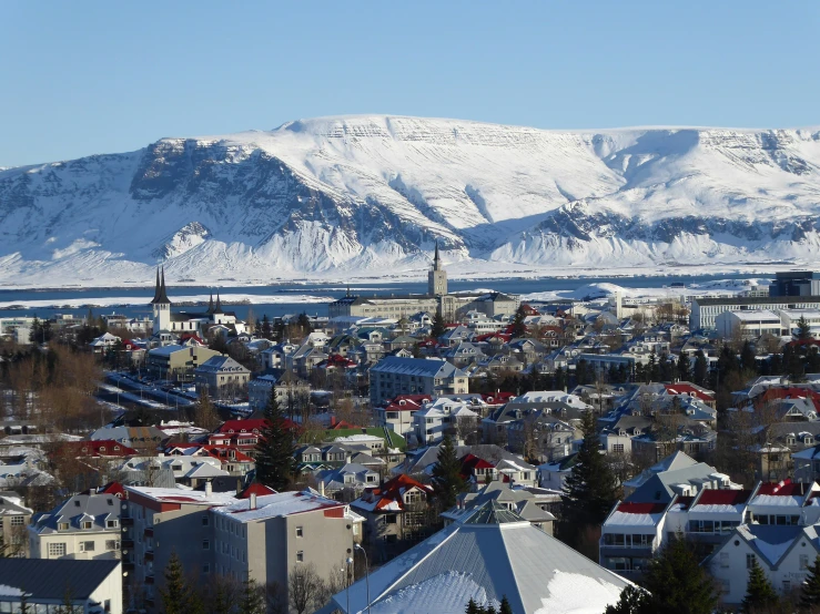 snowy mountains cover a city below snow covered mountains