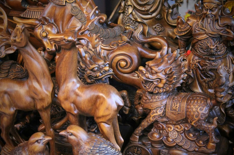 an artistic wood carving in a store