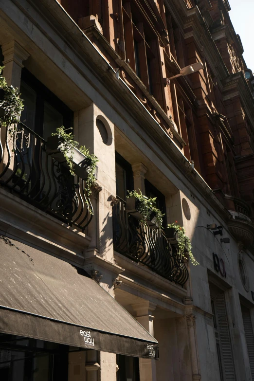 the building has plants growing out of its balcony