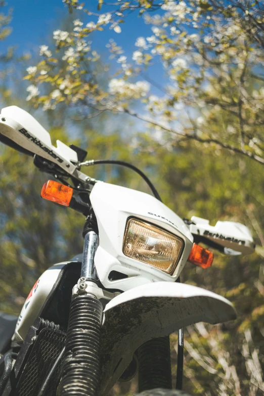 the motorcycle is parked in front of some trees