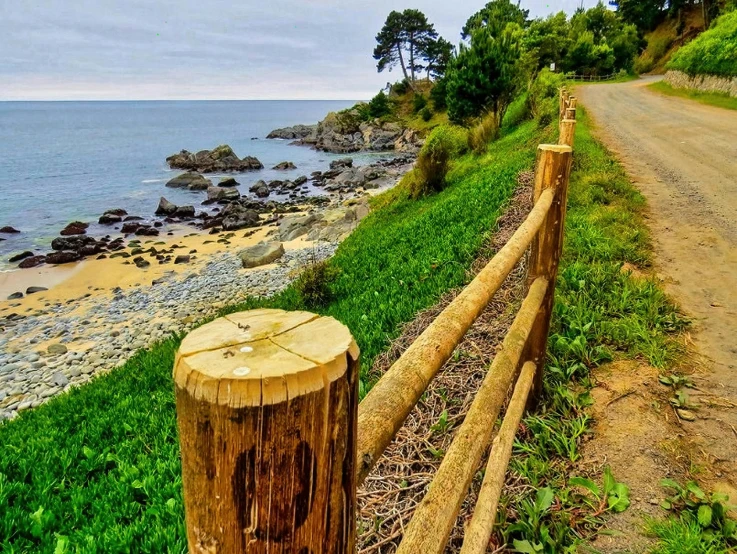 a wooden fence near the ocean on the side of the road