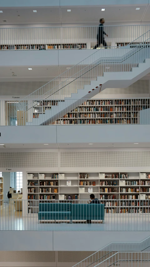 the liry's shelves and railings are full of books