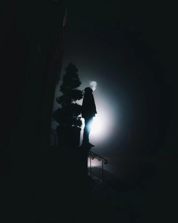 a lone person standing near a tree in a dark area