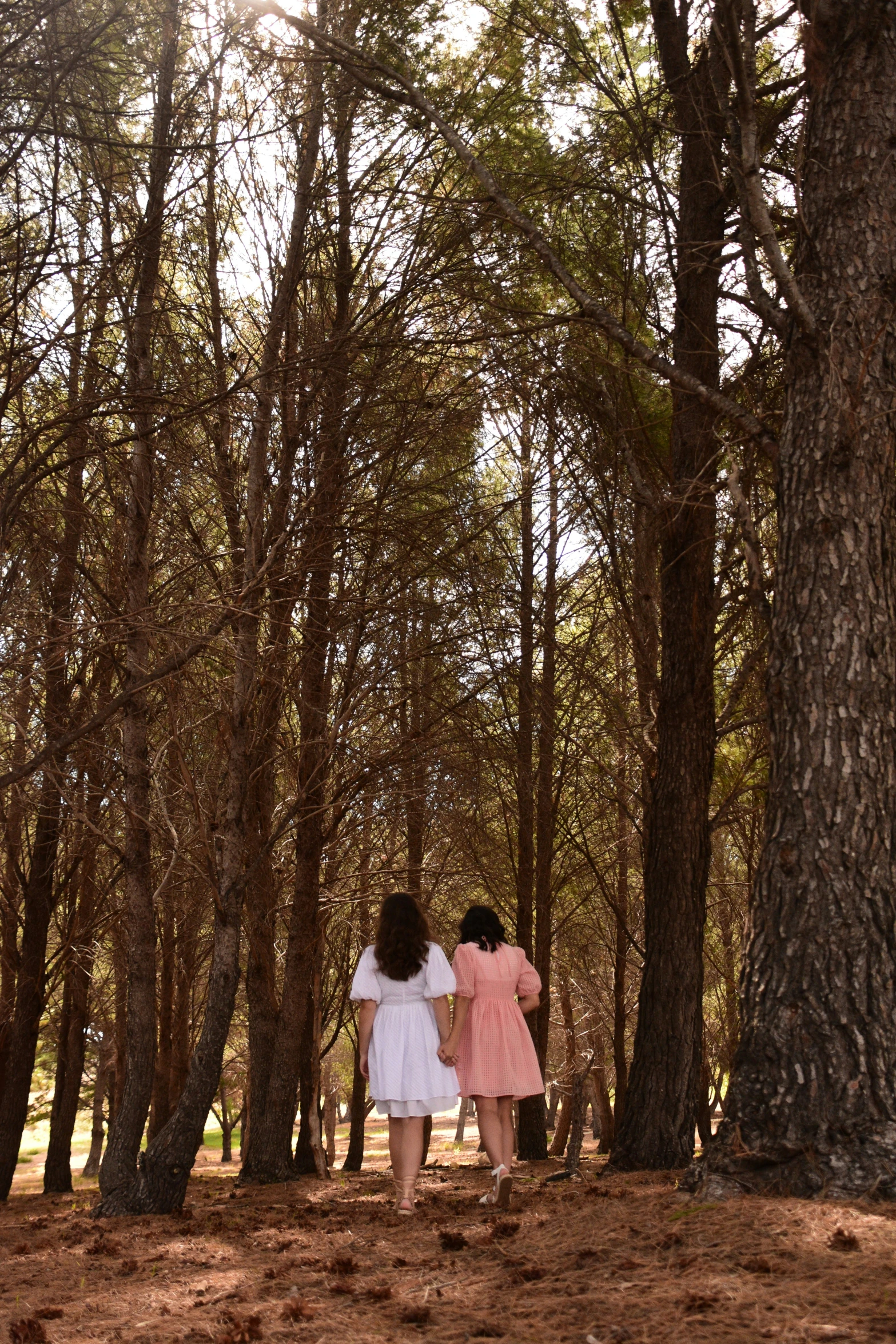 two girls walk through the woods in dresses