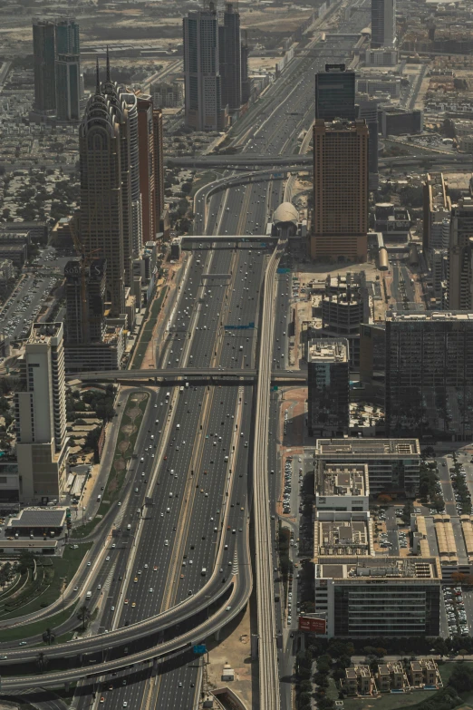 freeway intersection in urban city with tall buildings