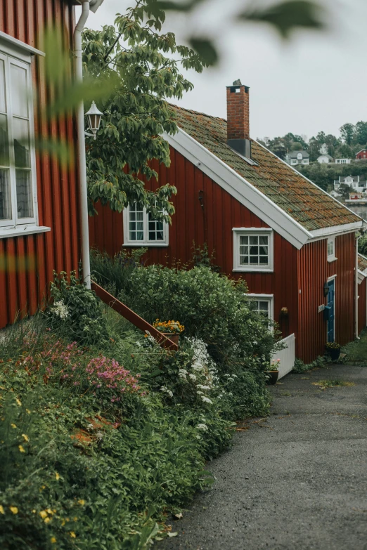 an old house and garden along a gravel road