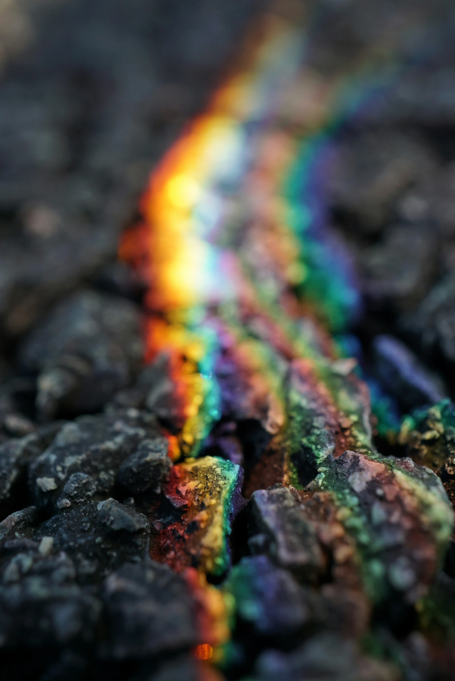 the small, rainbow colored substance appears to be made of asphalt