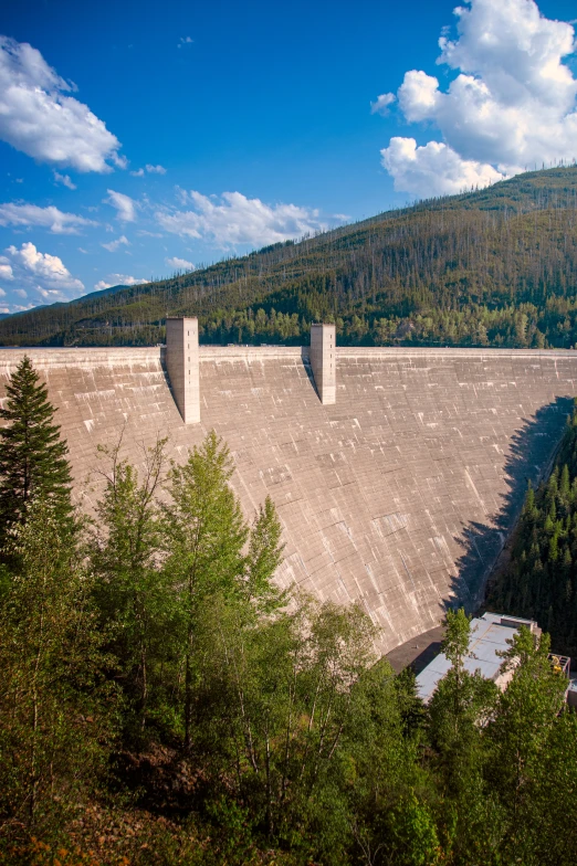 a very large dam near some mountains with trees in front