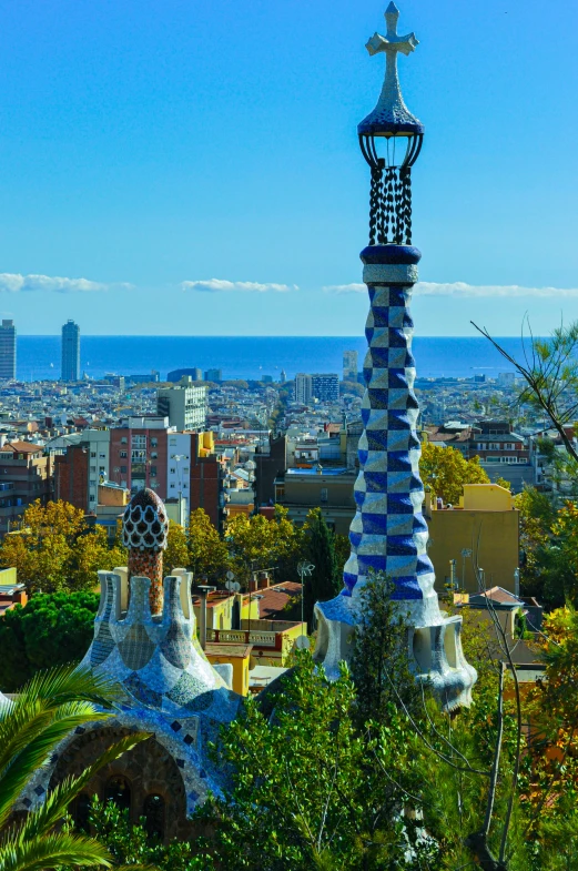 a tower with several blue and white tiles in the foreground