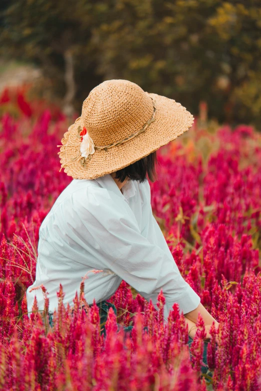 a woman in a straw hat crouching down in a field of flowers