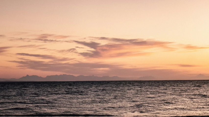 birds fly close to the ocean while the sun sets