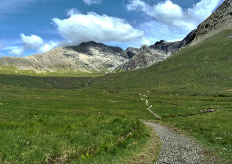 a path that goes through grass in a mountain valley