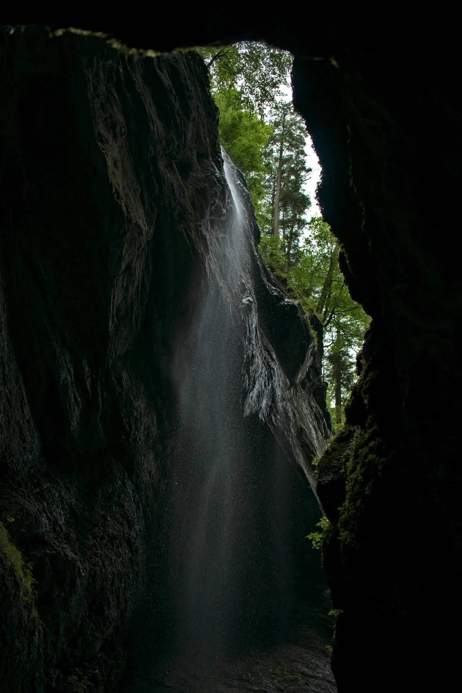 a water fall at the end of a tunnel in the woods