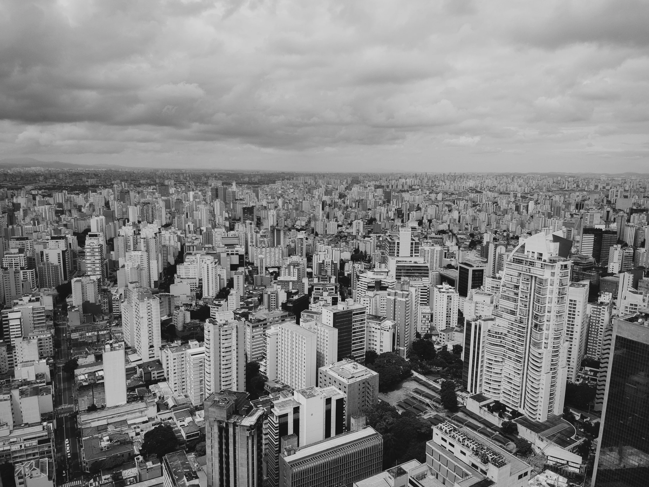 a black and white view of a city skyline