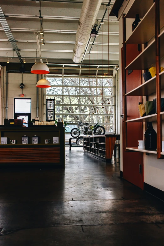 a bike shop with shelves full of bicycles and liquor bottles