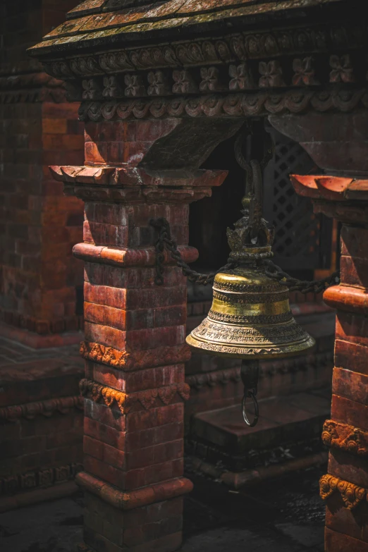 a church bell sitting outside of a building