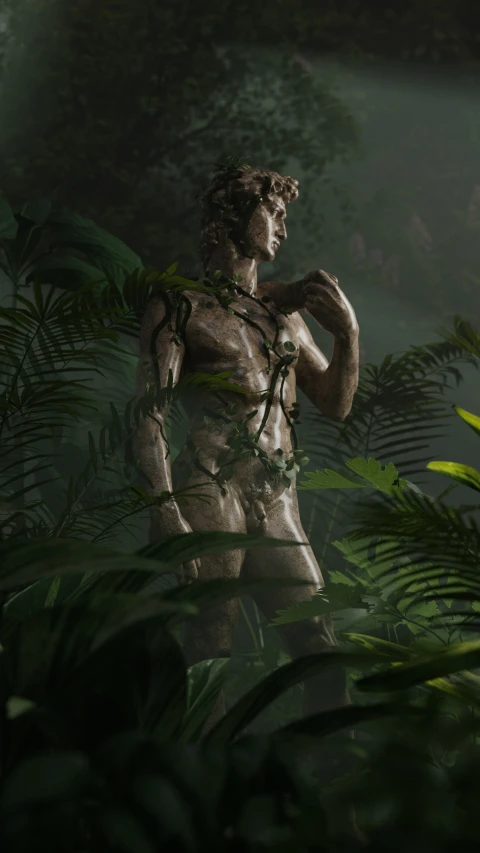 a statue in the forest with ferns