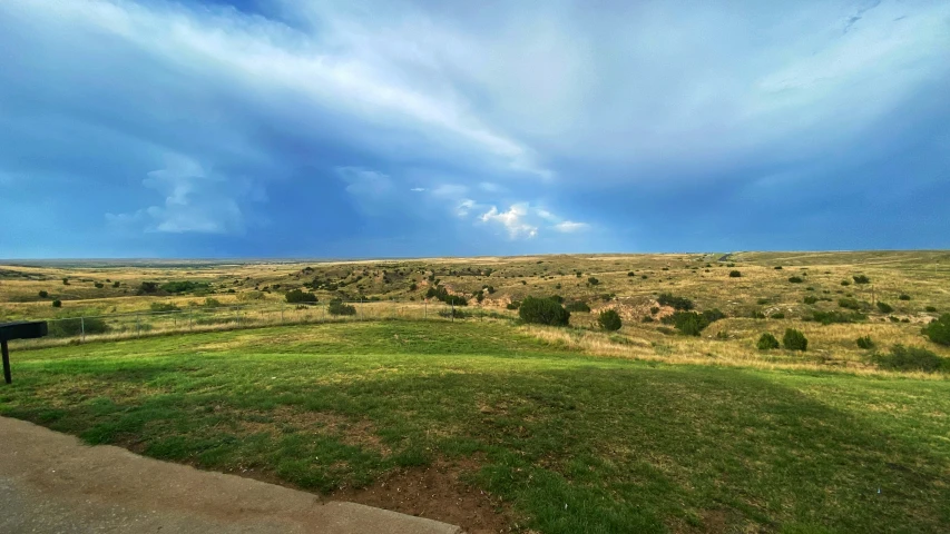 the grass field is full of dirt, trees and other vegetation