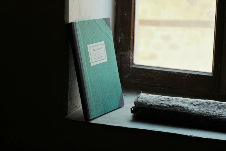 a book is standing on a shelf beside a window