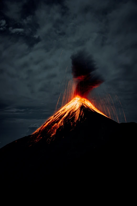 a volcano erupts lava in the night sky