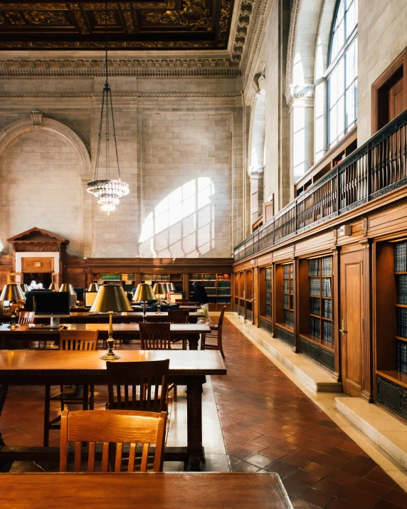 a liry with a high vaulted ceiling and many books