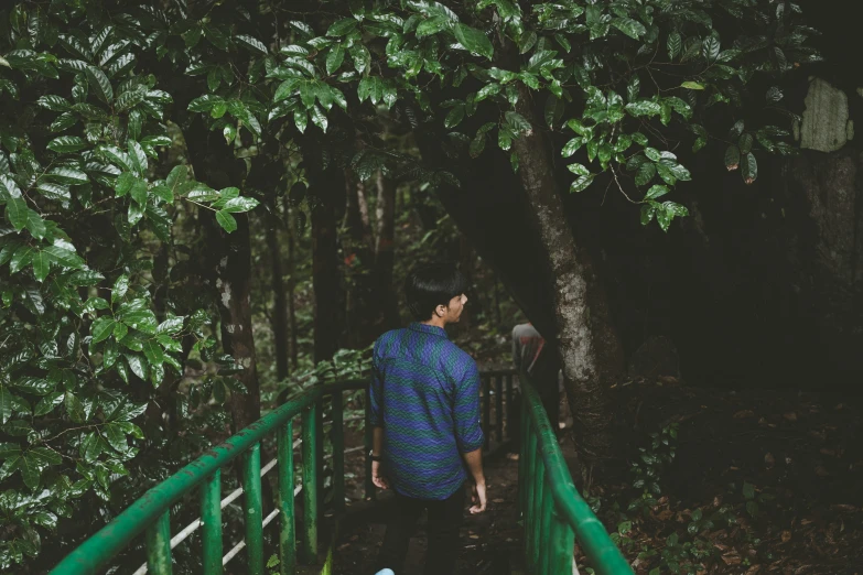 the man in a blue shirt is walking up the wooden stairs