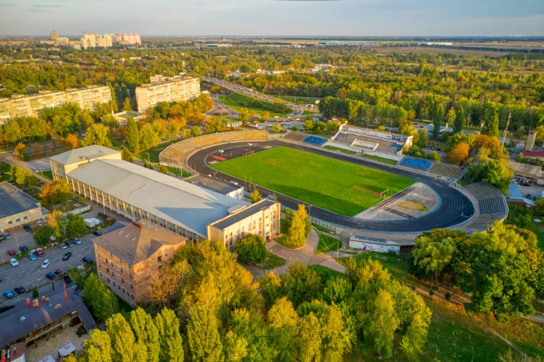 the view from above looking down at the athletic complex