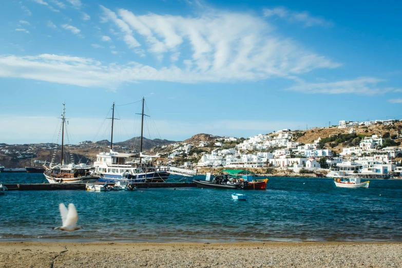 ships in the ocean next to a city on the hillside