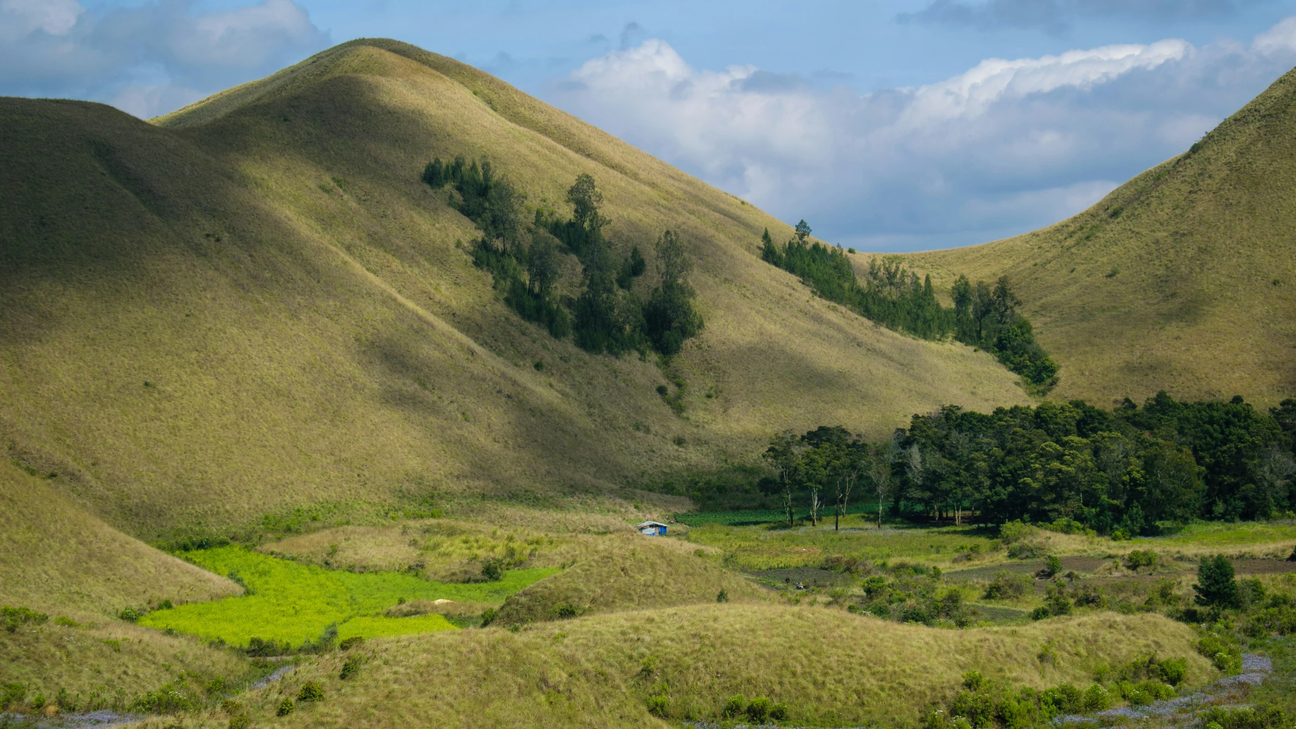 some hills are on the side of a body of water