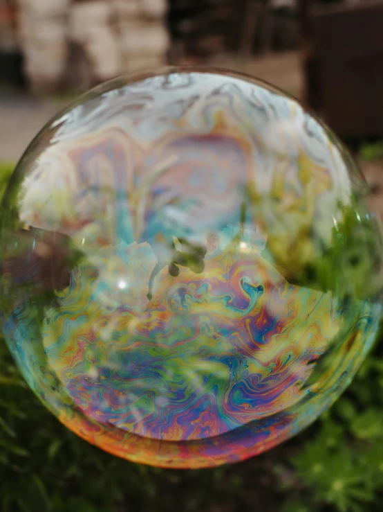 a soap bubble sitting on top of green moss