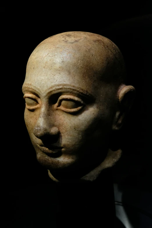 an ancient head is lit from the side