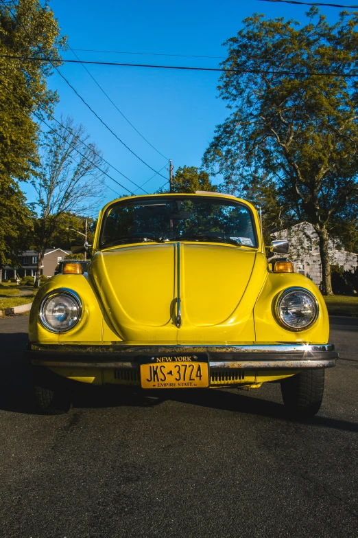 the yellow car is parked on the road