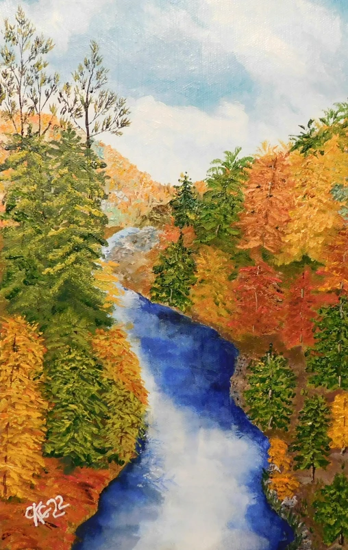 an oil painting shows a stream in the woods surrounded by colorful foliage