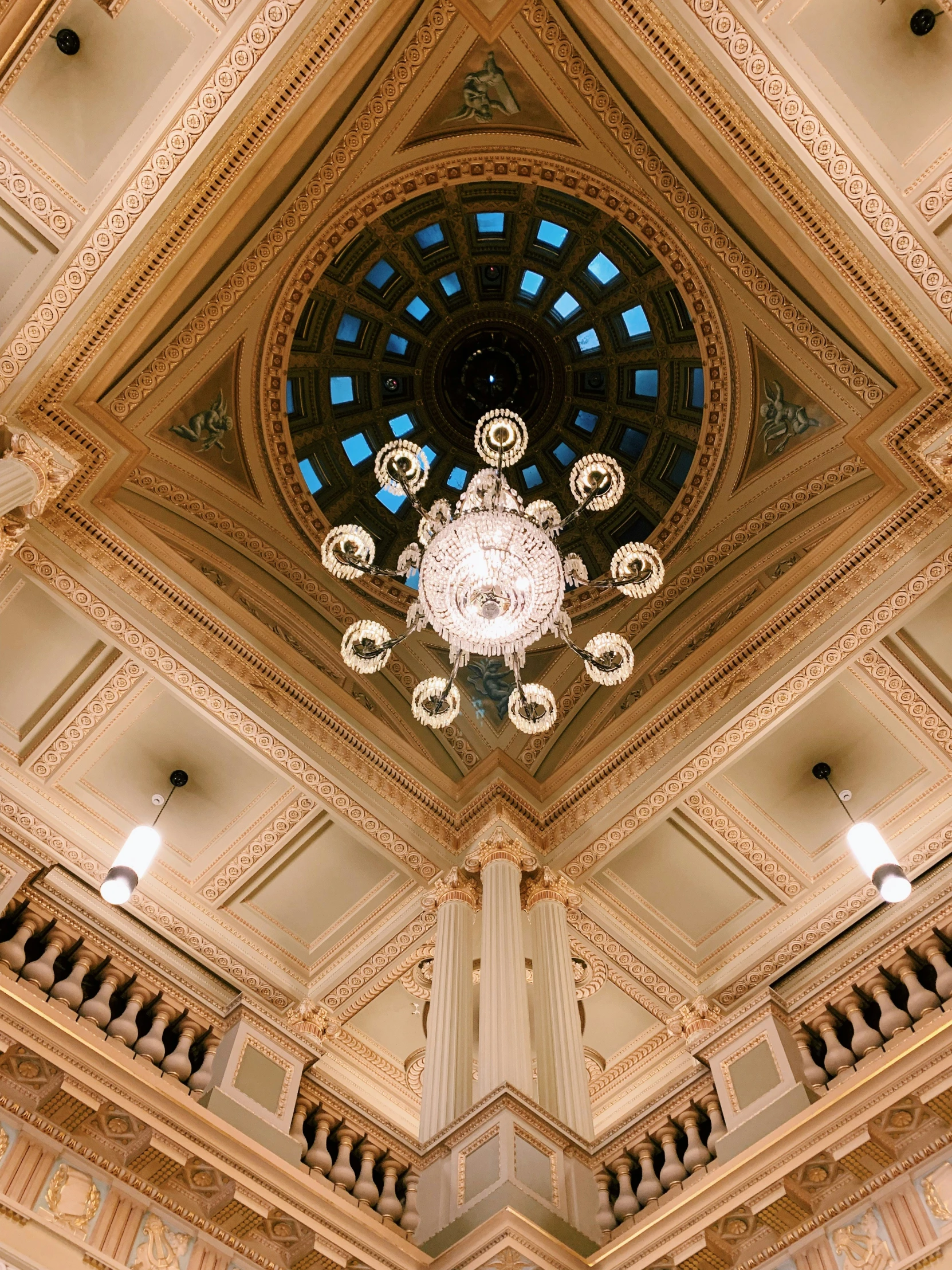 there is a chandelier in a building