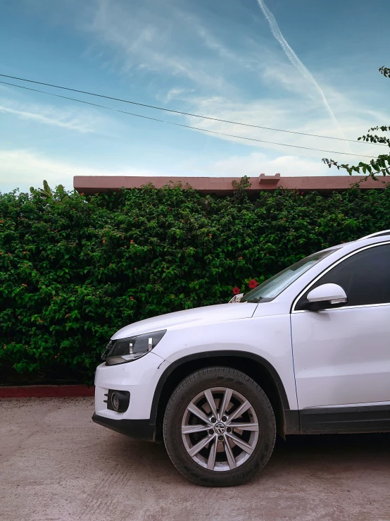 a vehicle is parked in front of some bushes