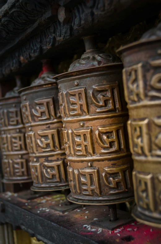 asian style bells are on display together